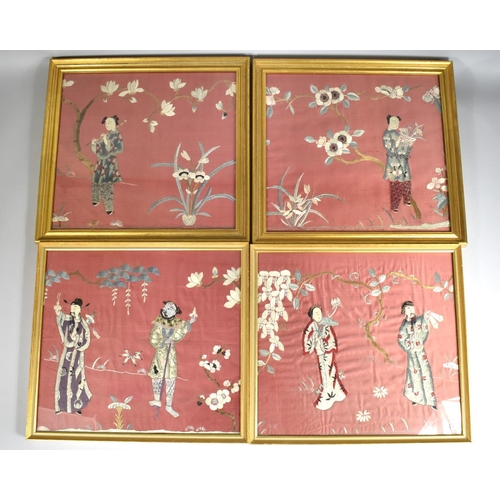 441 - A Set of Four Chinese Silk Embroideries on Pink Ground, 35x33cm