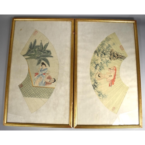 442 - A Pair of Framed Chinese Erotic Panels in the Shape of Fans Having Explicit Scenes of Couples Lovema... 