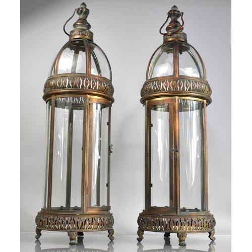 454 - A Pair of Modern Cylindrical Glazed Copper Lanterns with Pierced Bands and Domed Top Hinged Side Doo... 