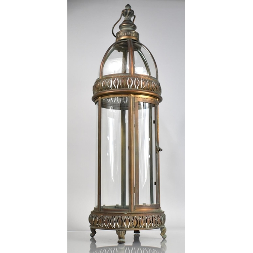 454 - A Pair of Modern Cylindrical Glazed Copper Lanterns with Pierced Bands and Domed Top Hinged Side Doo... 