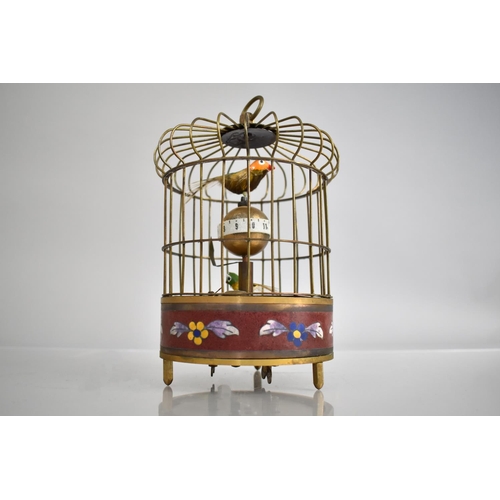 445 - A Reproduction Enamel and Brass Bird Cage Automaton Clock, 20cm High, Working Order