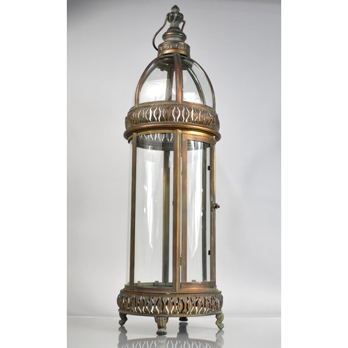 454 - A Pair of Modern Cylindrical Glazed Copper Lanterns with Pierced Bands and Domed Top Hinged Side Doo... 