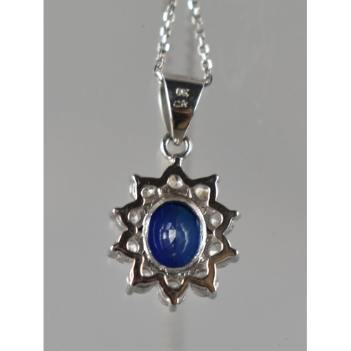 237 - A 9ct White Gold Mounted Sapphire and CZ Pendant on Chain, Oval Cut Central Stone Measuring 9mm by 6... 