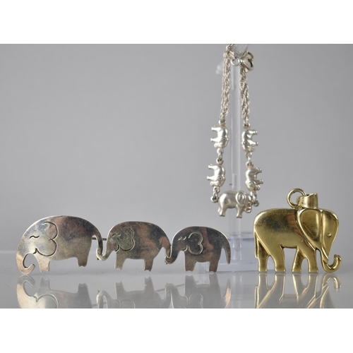 169 - Two Silver and One Silver Coloured Metal Items, Elephants, Gilt Metal Silver Pendant with Makers Mar... 