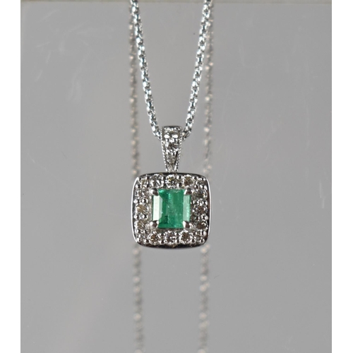 69 - An 18ct White Gold, Diamond and Emerald Mounted Pendant on Chain, Central Square Emerald Cut Stone M... 