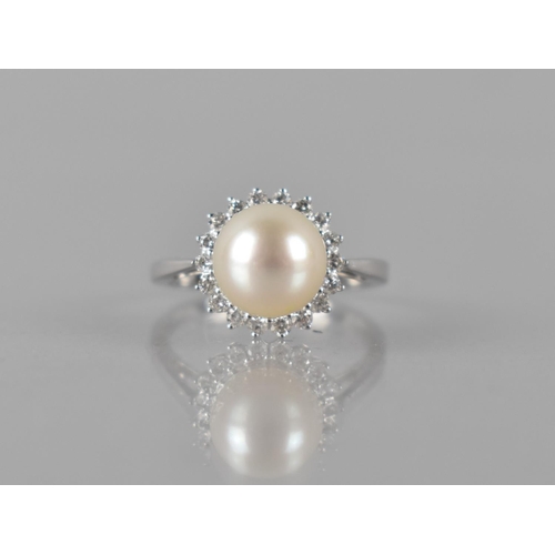 73 - A 9ct White Gold, Pearl and Diamond Ring, Central Cultured Pearl Measuring Approx 8mm Diameter and S... 