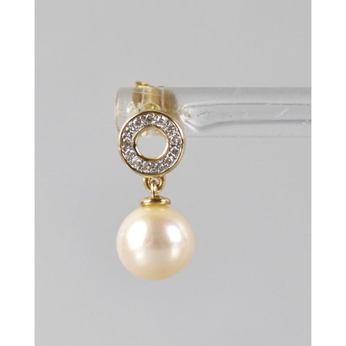 75 - A Pair of 9ct Gold, Diamond and Pearl Earrings, Pearl Drops Approx 8mm Diameter, Surmounted by Diamo... 