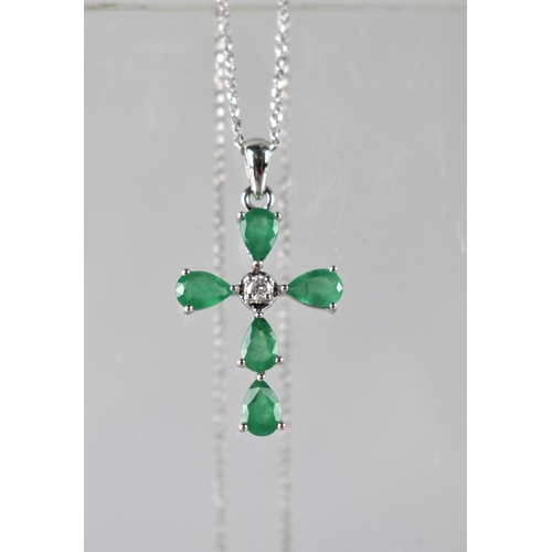 77 - A 9ct Gold, Emerald and Diamond Pendant, Crucifix Form, Central Round Brilliant Cut Diamond Approx 0... 