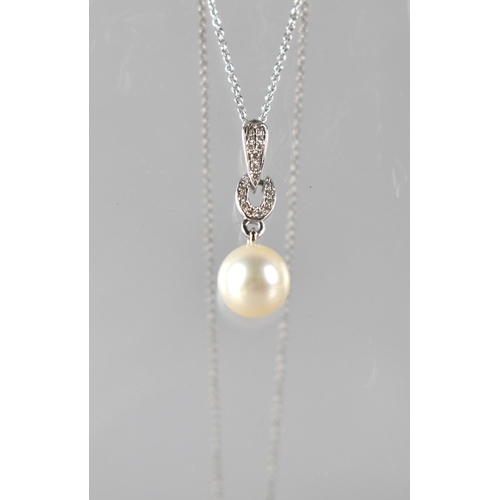 78 - A Pearl, Diamond and 9ct White Gold Pendant on Chain, Circular Pearl Measuring Approx 9mm Diameter a... 