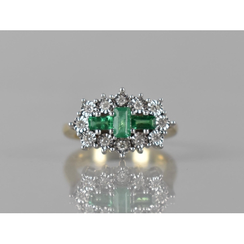 81 - An 9ct Yellow Gold, Emerald and Diamond Cluster Ring, Three Baguette Cut Emeralds Approx 0.69ct, Cla... 