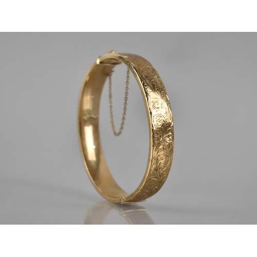 87 - A Vintage 9ct Gold Hinged Bangle, Engraved Scrolling Foliate Decoration to Front Panel, 13.7gms, Int... 