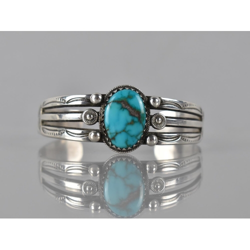 172 - A Native American Bangle/Cuff, Unmarked White Metal with Central Oval Cabochon Turquoise Stone, 20mm... 