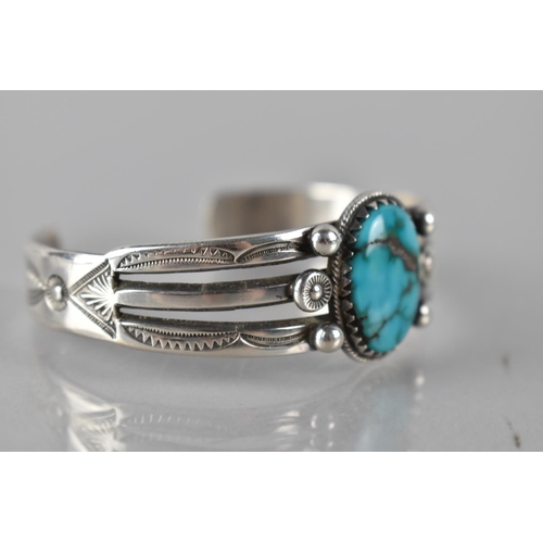 172 - A Native American Bangle/Cuff, Unmarked White Metal with Central Oval Cabochon Turquoise Stone, 20mm... 