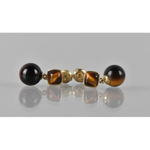 94 - A Pair of 9ct Gold and Tigers Eye Drop Earrings Square Shaped Cabochon, Collet Set and Measuring 4.5... 