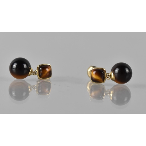 94 - A Pair of 9ct Gold and Tigers Eye Drop Earrings Square Shaped Cabochon, Collet Set and Measuring 4.5... 
