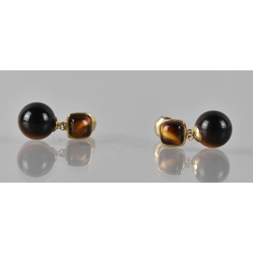 94 - A Pair of 9ct Gold and Tigers Eye Drop Earrings Square Shaped Cabochon, Collet Set and Measuring 4.5... 
