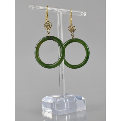 229 - A Pair of Gilt White Metal Mounted Nephrite Jade Style Earrings, Hoops with Exterior Dimensions of 3... 