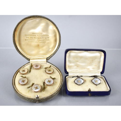 181 - A Set of Silver, Mother of Pearl, Black Enamel and Faux Pearl Cased Gents Cufflinks, Stamped 935, to... 