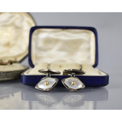 181 - A Set of Silver, Mother of Pearl, Black Enamel and Faux Pearl Cased Gents Cufflinks, Stamped 935, to... 