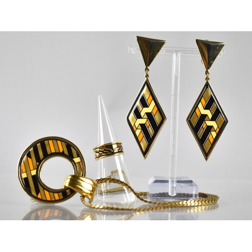 228 - A Suite of Michaela Frey Jewellery, Geometric Design in Black, Cream, Orange and Gilt Enamel to comp... 