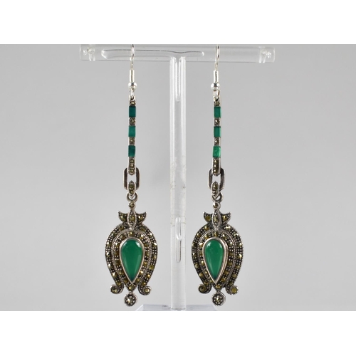 185 - A Pair of Large Silver, Marcasite and Green Chrysoprase Art Deco Style Earrings, Total Drop 85mm, St... 