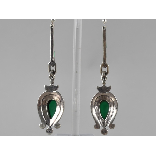 185 - A Pair of Large Silver, Marcasite and Green Chrysoprase Art Deco Style Earrings, Total Drop 85mm, St... 