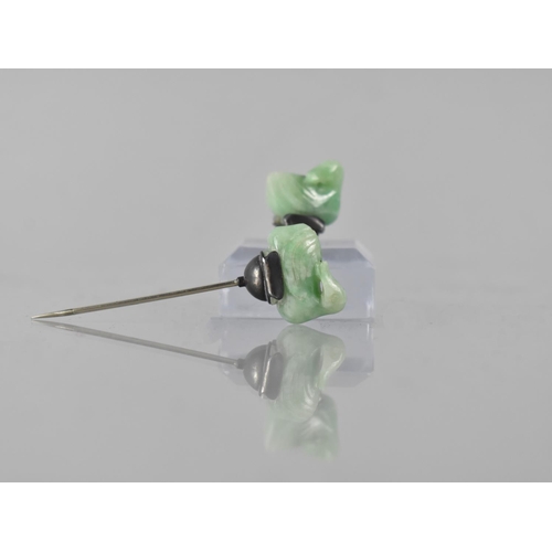 215 - A Jade and White Metal Mounted Cravat/Scarf Pin, Two Carved Waterfowl with Heads Turned, 73mm Wide A... 