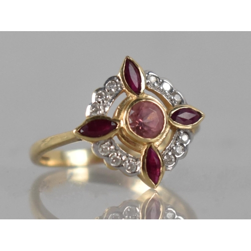 18 - A Diamond, Pink Tourmaline and Ruby Ring by Luke Stockley in 9ct Gold, Central Round Cut Tourmaline,... 