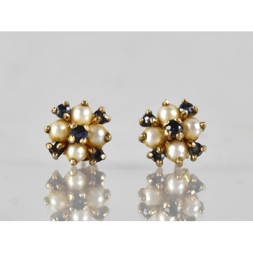 20 - A Pair of Pretty Split Pearl and Sapphire Cluster Earrings Mounted in 9ct Gold, Central Round Cut Sa... 
