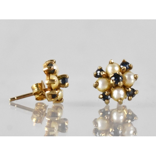 20 - A Pair of Pretty Split Pearl and Sapphire Cluster Earrings Mounted in 9ct Gold, Central Round Cut Sa... 