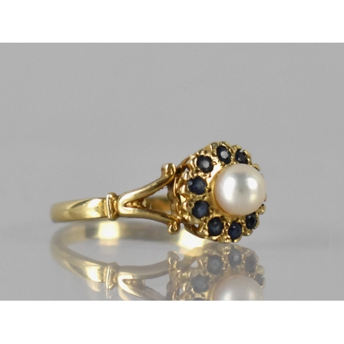 23 - A Pretty Victorian Style Pearl and Sapphire Daisy Ring in 9ct Gold, Central Raised Pearl Measuring 4... 