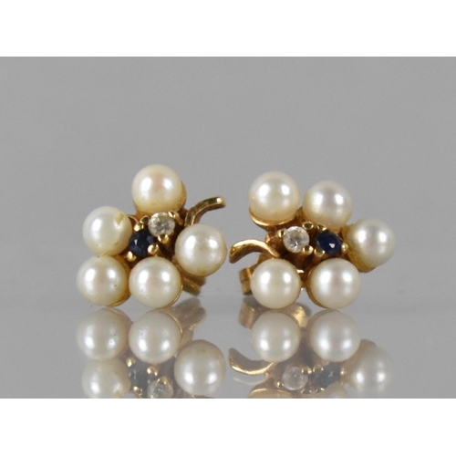26 - A Pair of 18ct Gold, Pearl, Sapphire and White Stone Cluster Earrings in the Form of Berries, Prong ... 