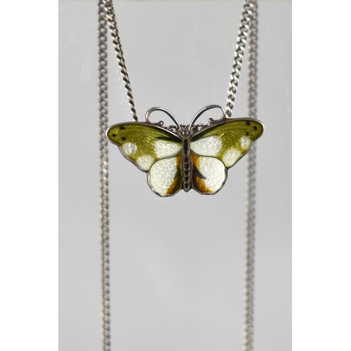 152 - A Mid 20th Century Silver and Enamel Norwegian Butterfly Pendant on Chain, Green, White and Orange E... 