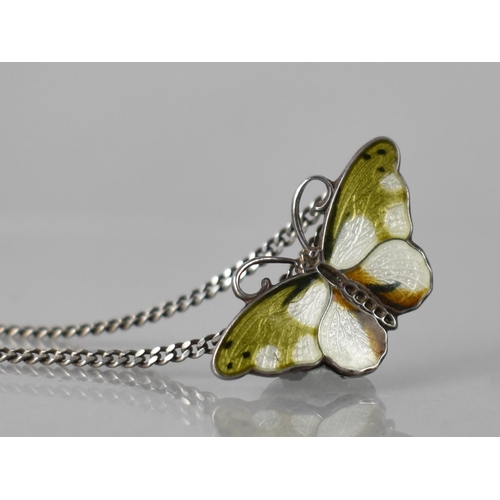 152 - A Mid 20th Century Silver and Enamel Norwegian Butterfly Pendant on Chain, Green, White and Orange E... 