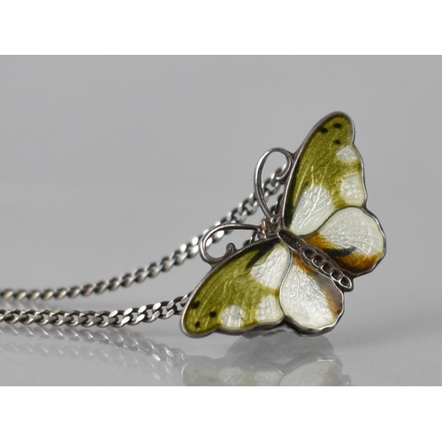 152 - A Mid 20th Century Silver and Enamel Norwegian Butterfly Pendant on Chain, Green, White and Orange E... 