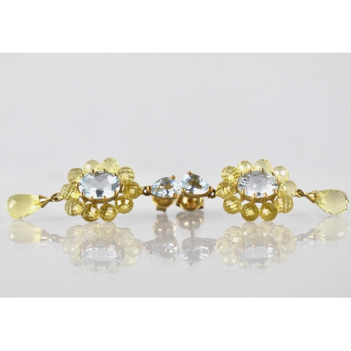 44 - A Pair of Citrine and Aquamarine Cluster Drop Earrings in 9ct Gold, Central Oval Cut Stone Measuring... 