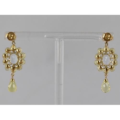 44 - A Pair of Citrine and Aquamarine Cluster Drop Earrings in 9ct Gold, Central Oval Cut Stone Measuring... 