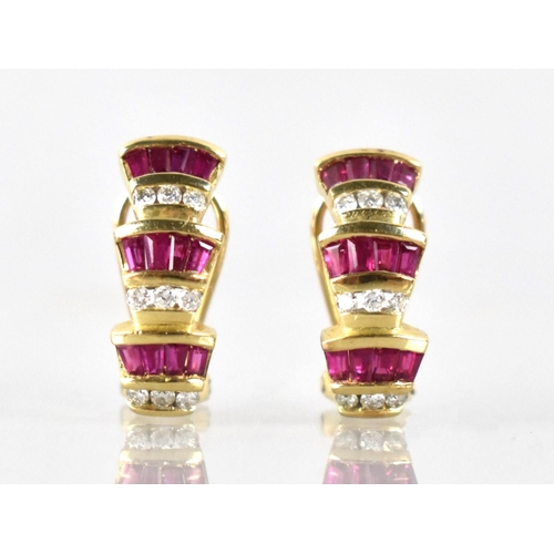 31 - A Pair of Diamond and Ruby 14ct Gold Mounted Earrings, Three Tiered Odeonesque Design, Each Tier Com... 