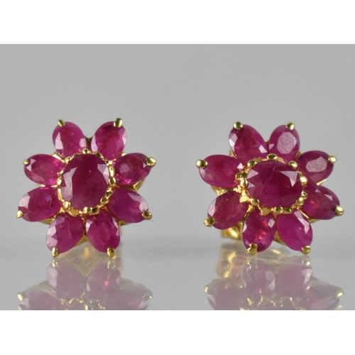 34 - A Pair of Ruby and Gold Coloured Metal Cluster Earrings, Central Claw Set Oval Cut Ruby Measuring 5m... 