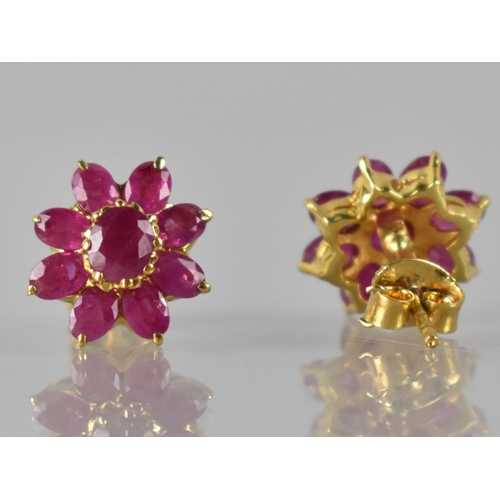 34 - A Pair of Ruby and Gold Coloured Metal Cluster Earrings, Central Claw Set Oval Cut Ruby Measuring 5m... 