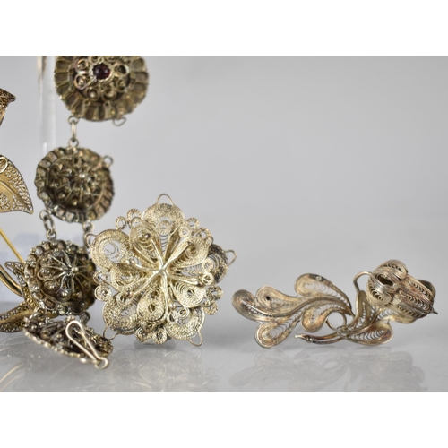 194 - A Collection of Six Filigree Jewellery Items to Include Large Silver and Enamel Flower Brooch, 72mm ... 