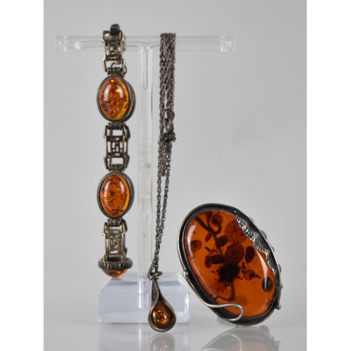 225 - Three Silver Mounted Amber Items to include Panelled Bracelet comprising Five Oval Amber Cabochons, ... 