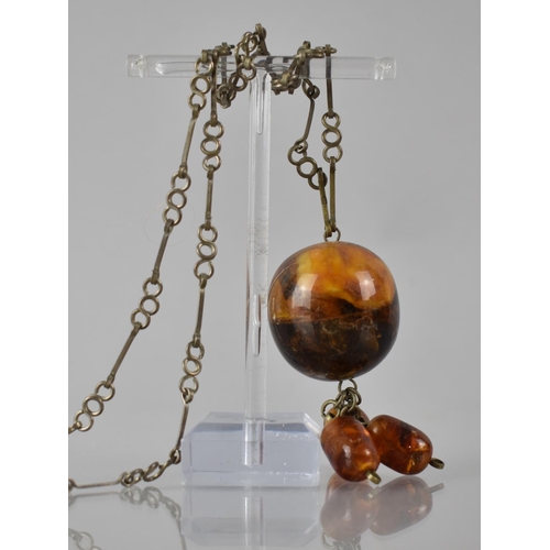 226 - A Continental/North African Low Grade Silver (Probably 800) Necklace with Amber Pendant, 30mm Diamet... 