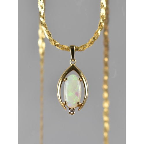 112 - A 14ct Gold Mounted Opal and Diamond Pendant, Oval Opal Cabochon 12mm by 6mm in Four Claws with Smal... 