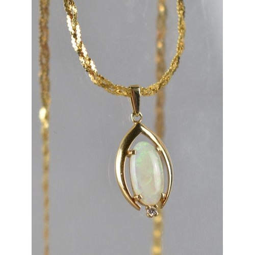 112 - A 14ct Gold Mounted Opal and Diamond Pendant, Oval Opal Cabochon 12mm by 6mm in Four Claws with Smal... 