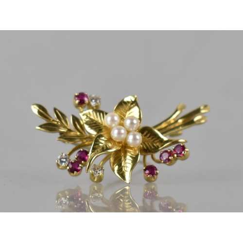 2 - An 18ct Gold, Diamond, Ruby and Pearl Brooch, Four Pearls to Centre Flower (Approx 3mm Diameter), Si... 
