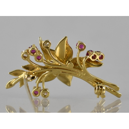 2 - An 18ct Gold, Diamond, Ruby and Pearl Brooch, Four Pearls to Centre Flower (Approx 3mm Diameter), Si... 