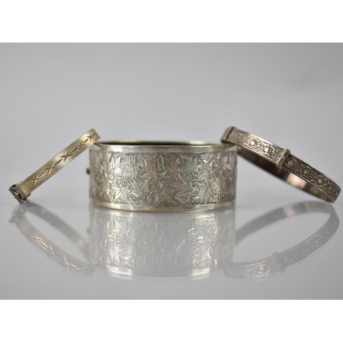 142 - A Victorian White Metal Hinged Bangle, 26mm Wide, Etched with Maple Leaves to Front Panel, Together ... 