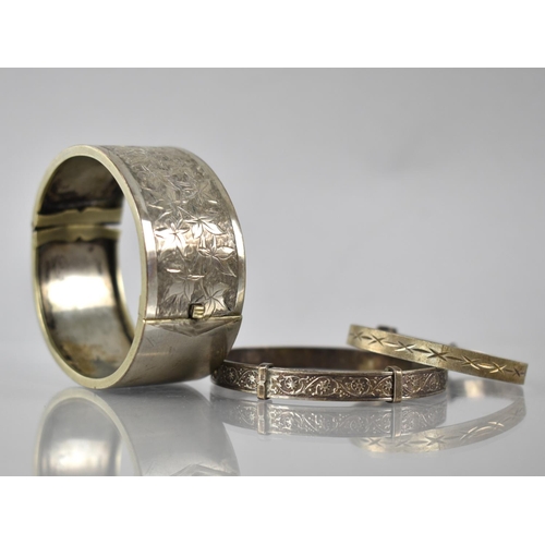 142 - A Victorian White Metal Hinged Bangle, 26mm Wide, Etched with Maple Leaves to Front Panel, Together ... 