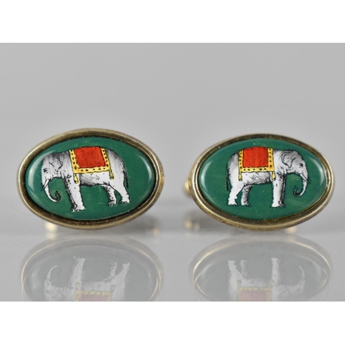 198 - A Pair of Silver and Enamelled Cufflinks, Plaque Decorated with Indian Elephant on Green Ground, Bir... 